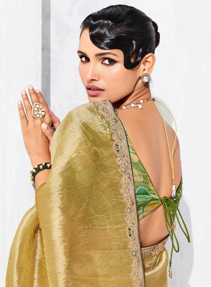 Sand Yellow Glass Tissue Embroidery Party Wear Saree