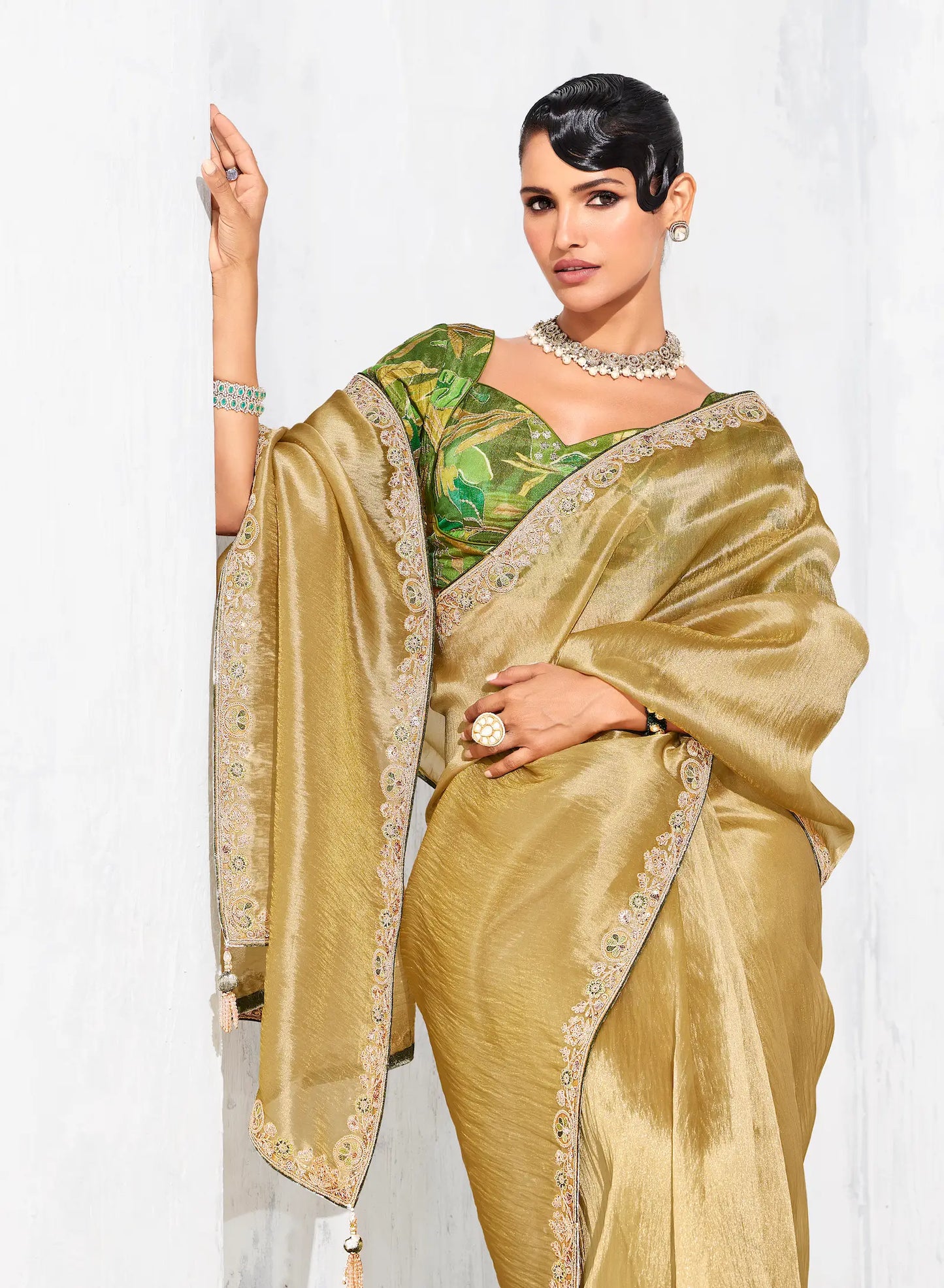 Sand Yellow Glass Tissue Embroidery Party Wear Saree