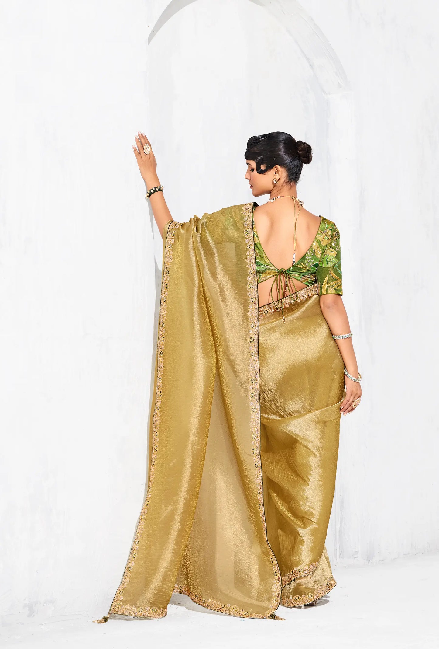 Sand Yellow Glass Tissue Embroidery Party Wear Saree