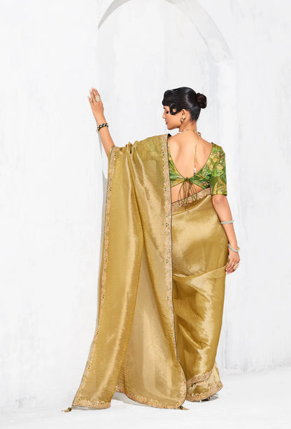 Sand Yellow Glass Tissue Embroidery Party Wear Saree
