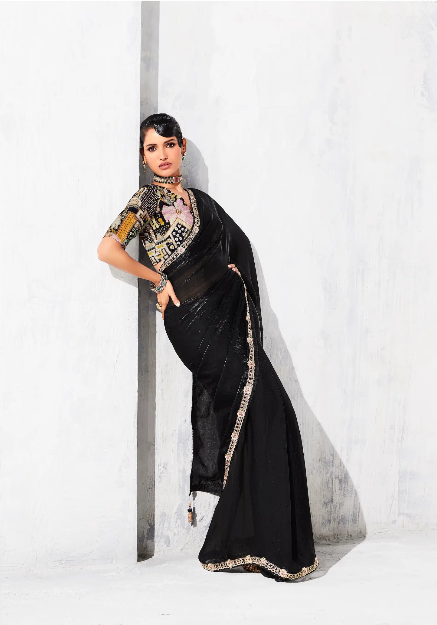 Hot Black Glass Tissue Embroidery Party Wear Saree