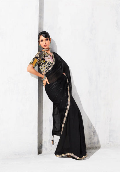 Hot Black Glass Tissue Embroidery Party Wear Saree