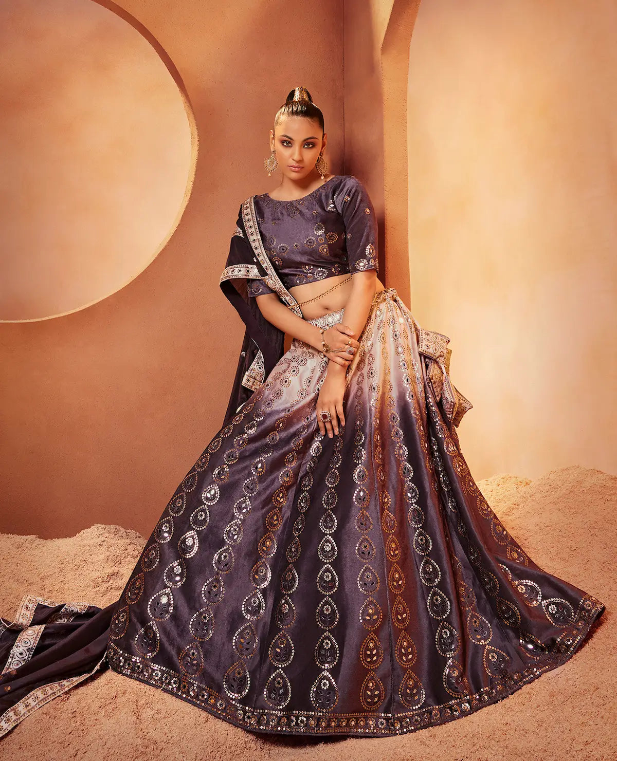 Purple Velvet Lehenga Choli With Thread, Sequence Embroidery & Mirror Work