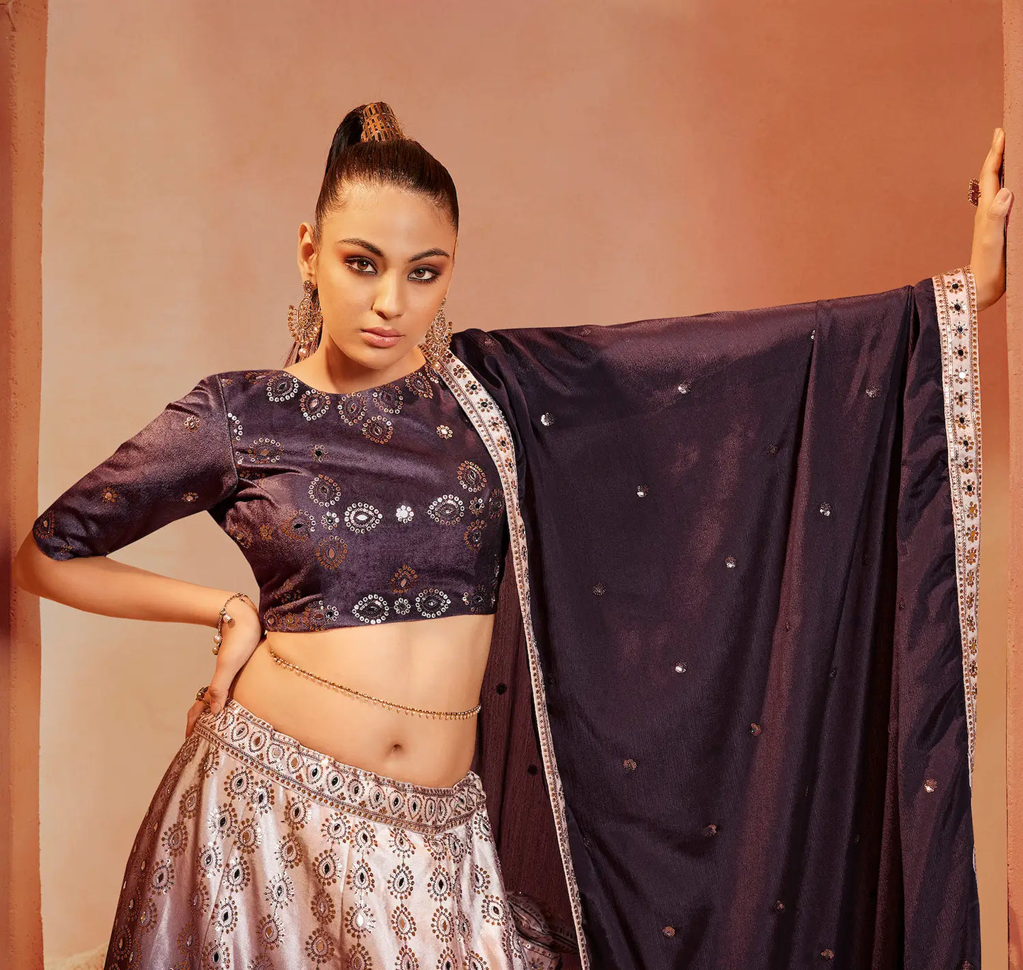 Purple Velvet Lehenga Choli With Thread, Sequence Embroidery & Mirror Work