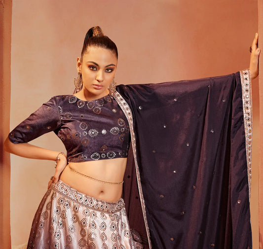 Purple Velvet Lehenga Choli With Thread, Sequence Embroidery & Mirror Work