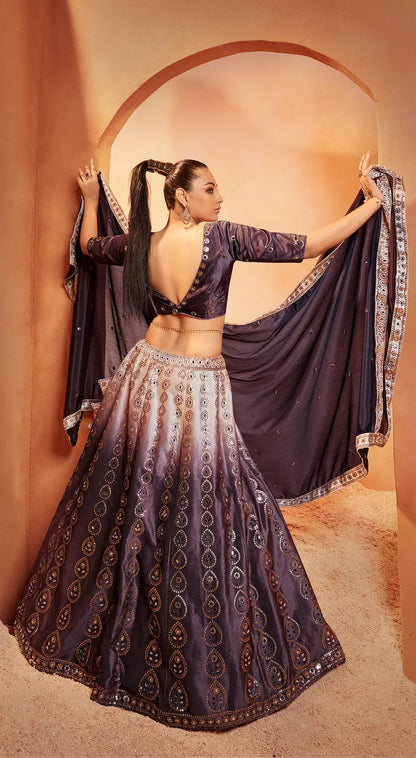 Purple Velvet Lehenga Choli With Thread, Sequence Embroidery & Mirror Work