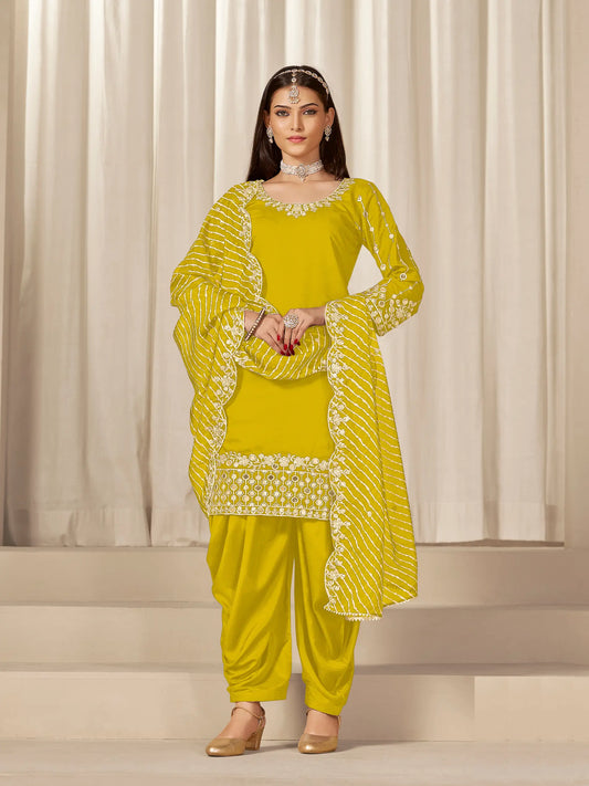 Yellow Roman Silk Mirror & Embroidery Work Salwar Suit
