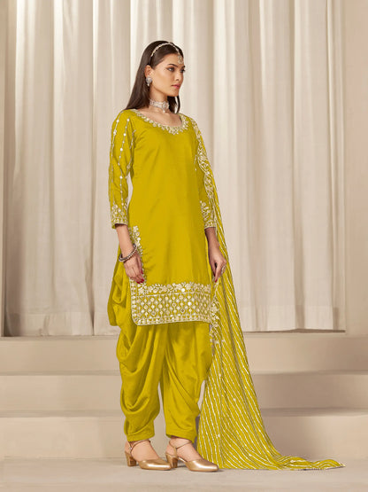 Yellow Roman Silk Mirror & Embroidery Work Salwar Suit