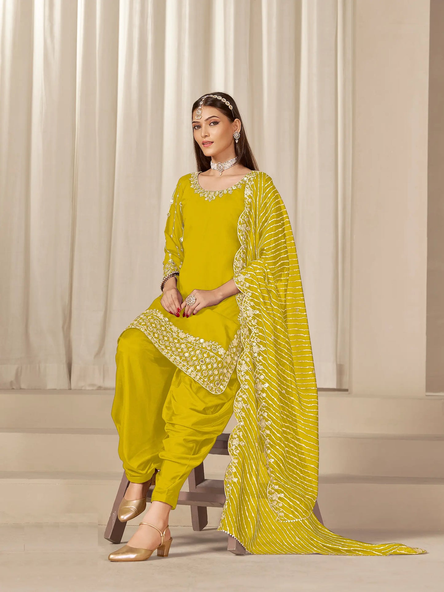 Yellow Roman Silk Mirror & Embroidery Work Salwar Suit