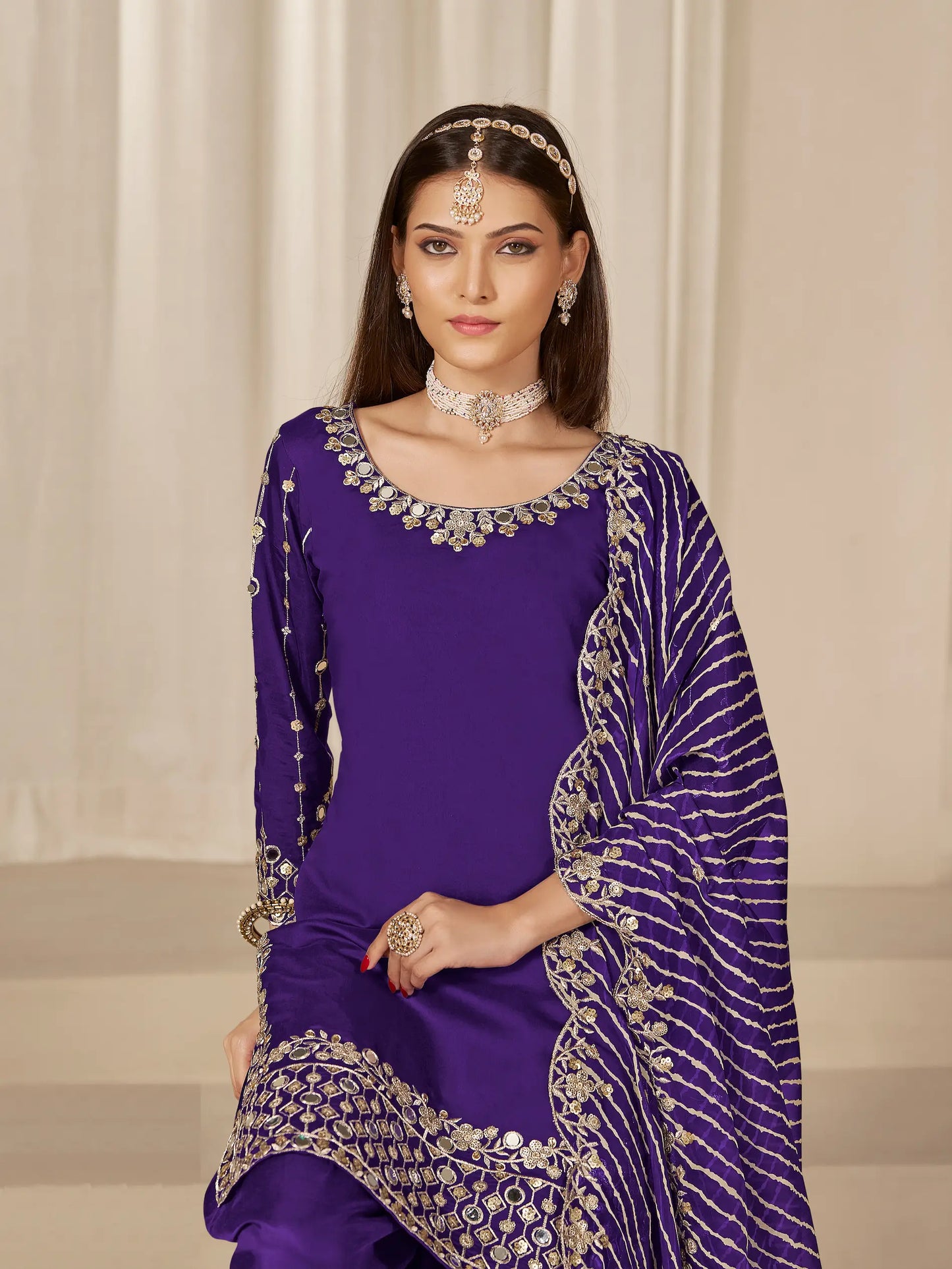 Purple Roman Silk Mirror & Embroidery Work Salwar Suit