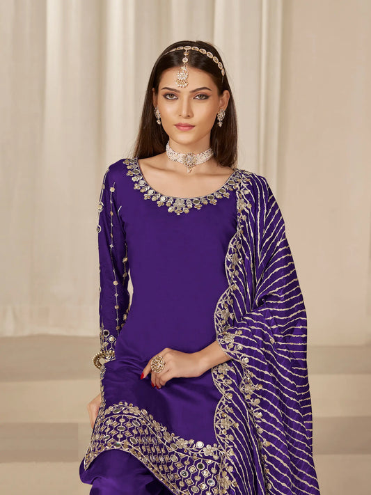 Purple Roman Silk Mirror & Embroidery Work Salwar Suit