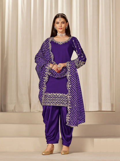 Purple Roman Silk Mirror & Embroidery Work Salwar Suit