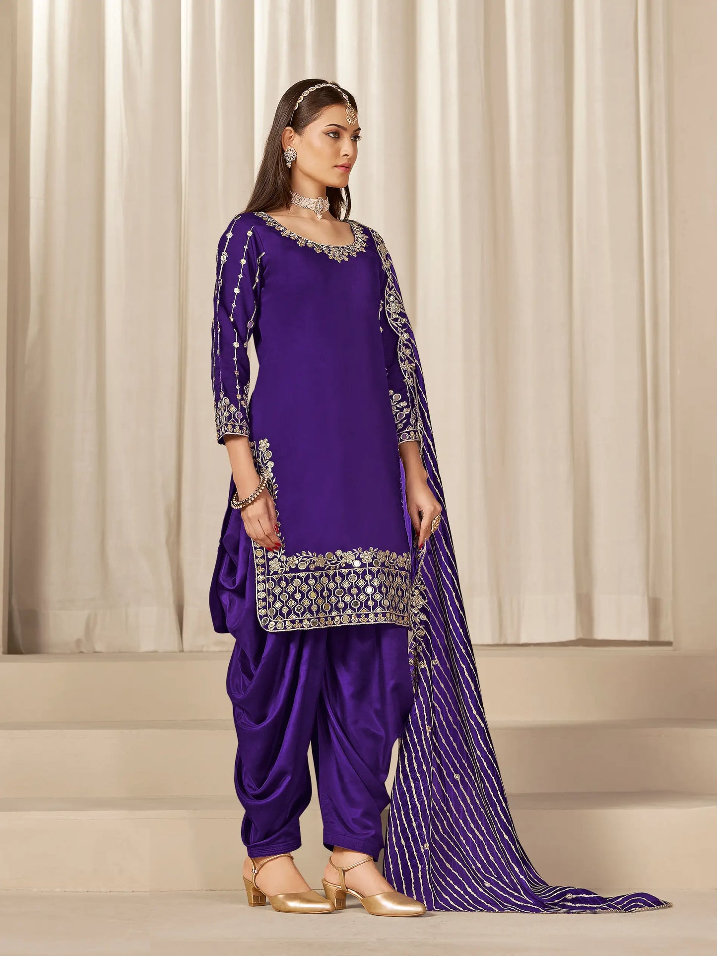 Purple Roman Silk Mirror & Embroidery Work Salwar Suit