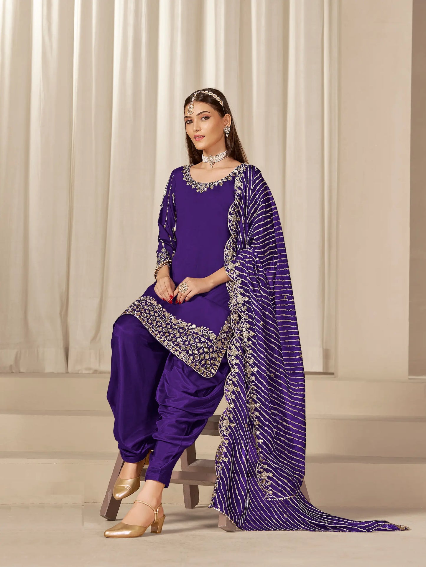 Purple Roman Silk Mirror & Embroidery Work Salwar Suit