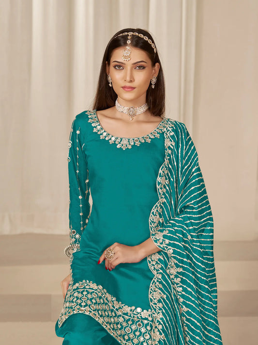 Aqua Blue Roman Silk Mirror & Embroidery Work Salwar Suit