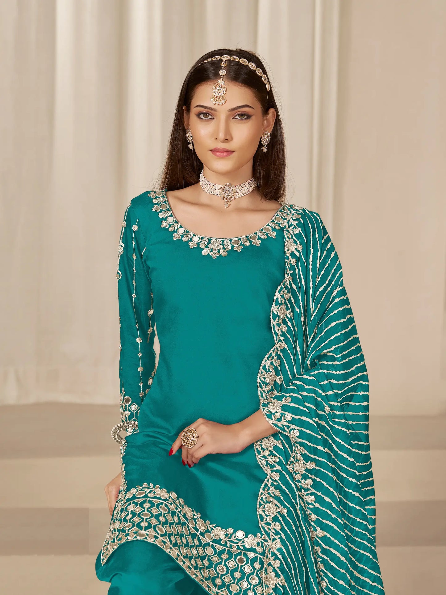 Aqua Blue Roman Silk Mirror & Embroidery Work Salwar Suit