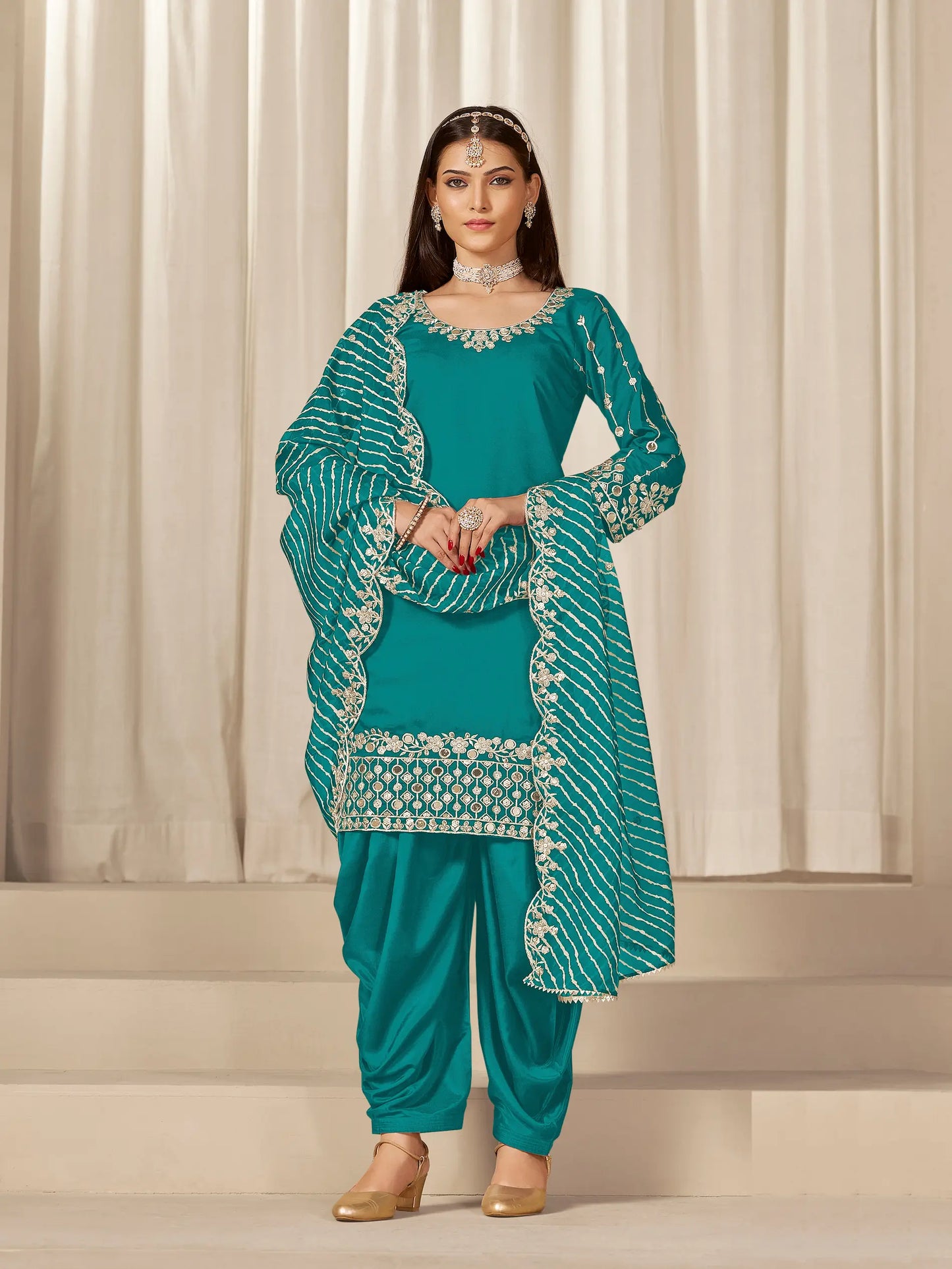 Aqua Blue Roman Silk Mirror & Embroidery Work Salwar Suit