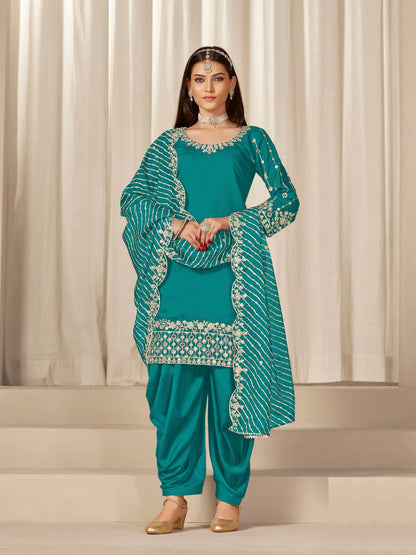 Aqua Blue Roman Silk Mirror & Embroidery Work Salwar Suit