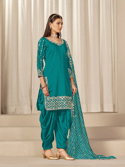 Aqua Blue Roman Silk Mirror & Embroidery Work Salwar Suit