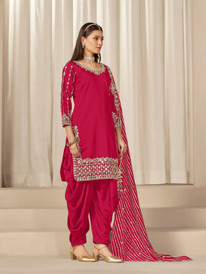 Red Roman Silk Mirror & Embroidery Work Salwar Suit