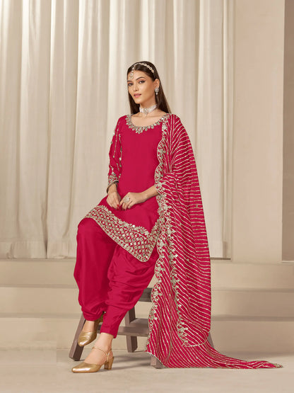 Red Roman Silk Mirror & Embroidery Work Salwar Suit