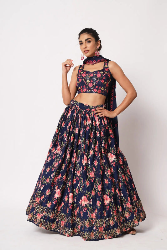 Navy Blue Art Silk Lehenga Choli With Crush, Print & Sequence Embroidery Work