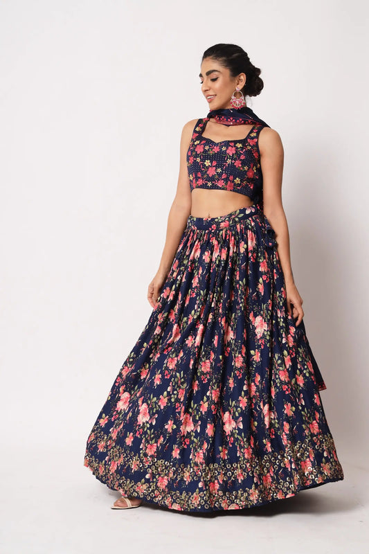 Navy Blue Art Silk Lehenga Choli With Crush, Print & Sequence Embroidery Work
