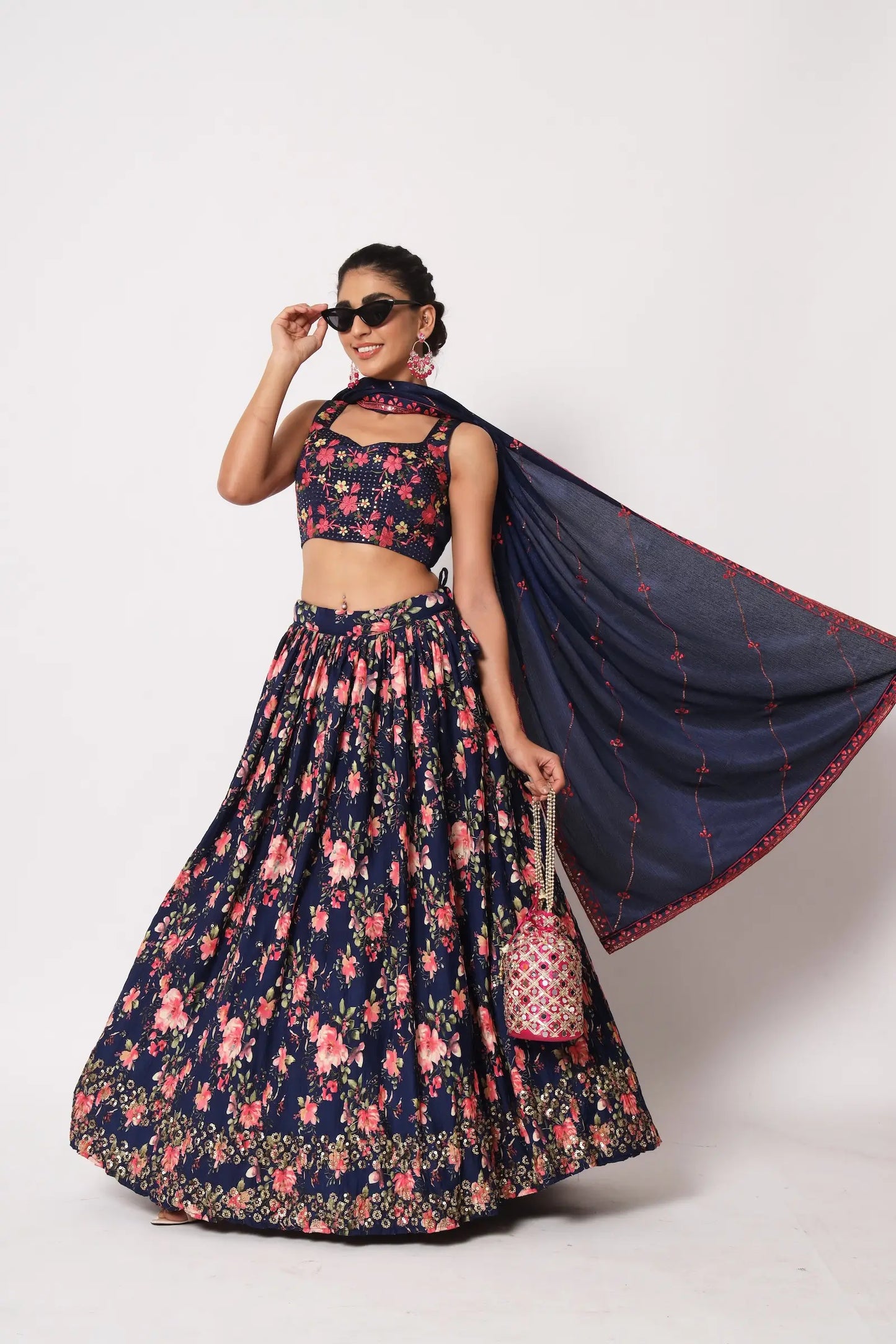 Navy Blue Art Silk Lehenga Choli With Crush, Print & Sequence Embroidery Work