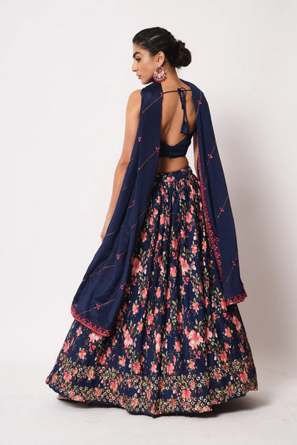 Navy Blue Art Silk Lehenga Choli With Crush, Print & Sequence Embroidery Work