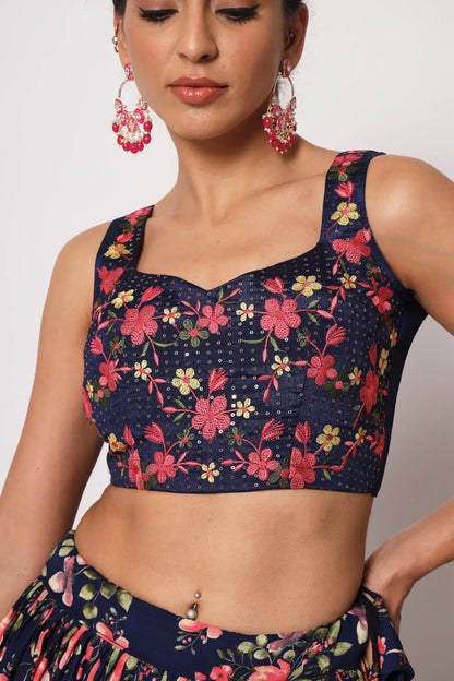 Navy Blue Art Silk Lehenga Choli With Crush, Print & Sequence Embroidery Work