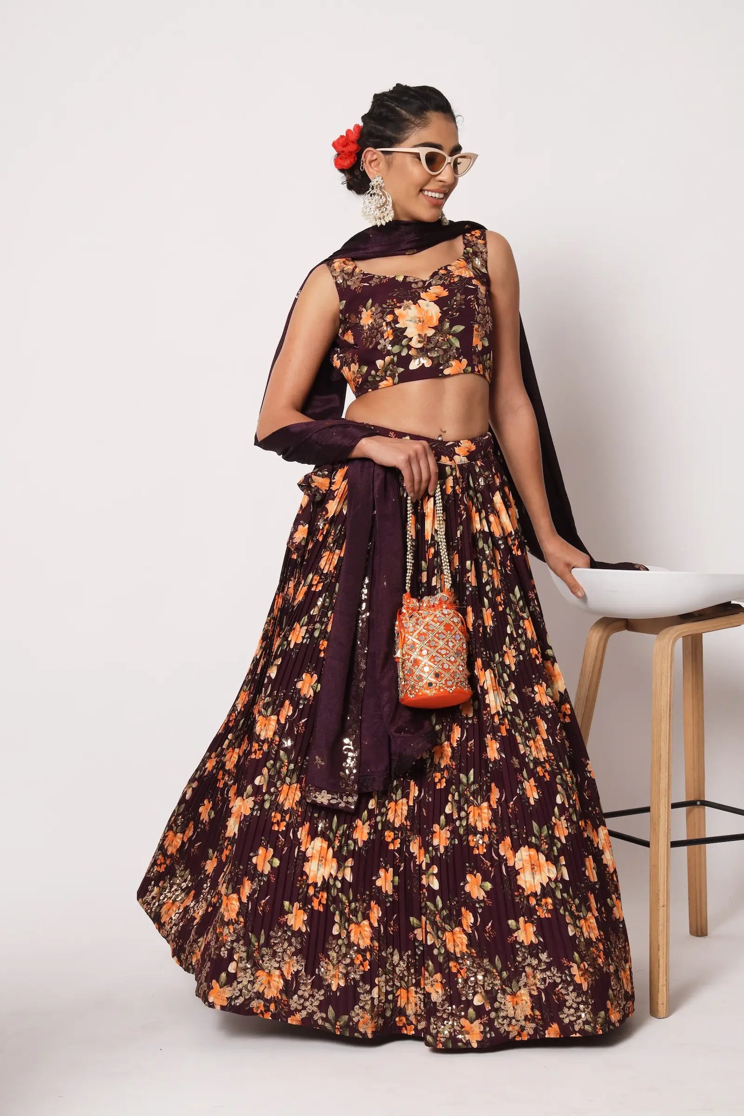 Maroon Art Silk Lehenga Choli With Crush, Print & Sequence Embroidery Work