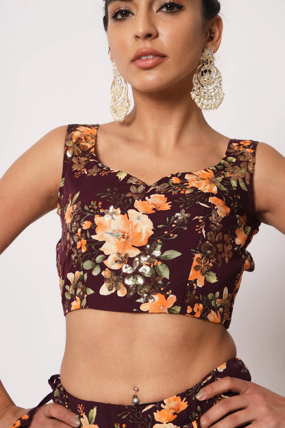 Maroon Art Silk Lehenga Choli With Crush, Print & Sequence Embroidery Work