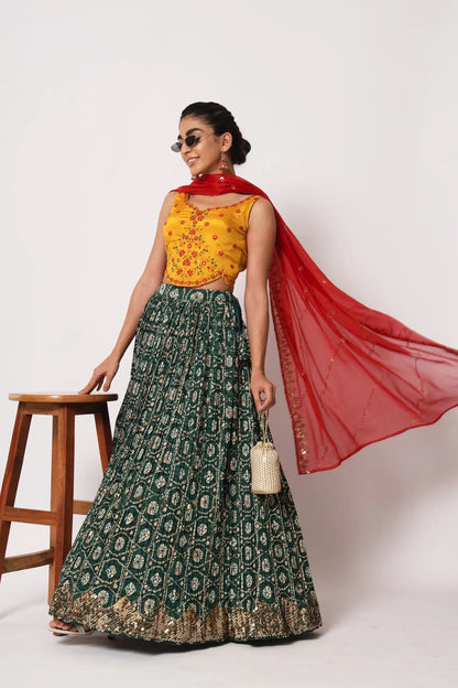 Green Art Silk Lehenga Choli With Crush, Print & Sequence Embroidery Work