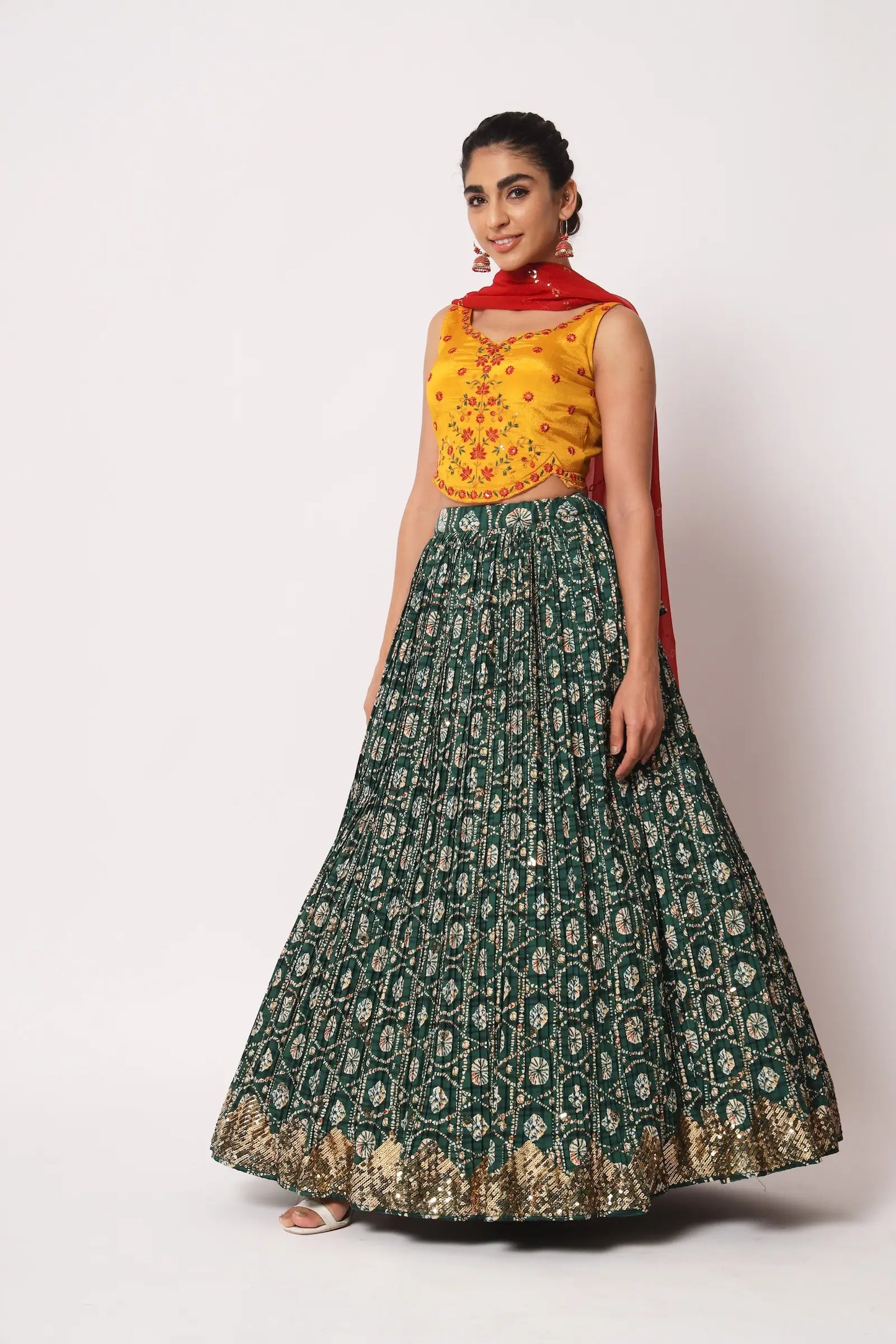 Green Art Silk Lehenga Choli With Crush, Print & Sequence Embroidery Work