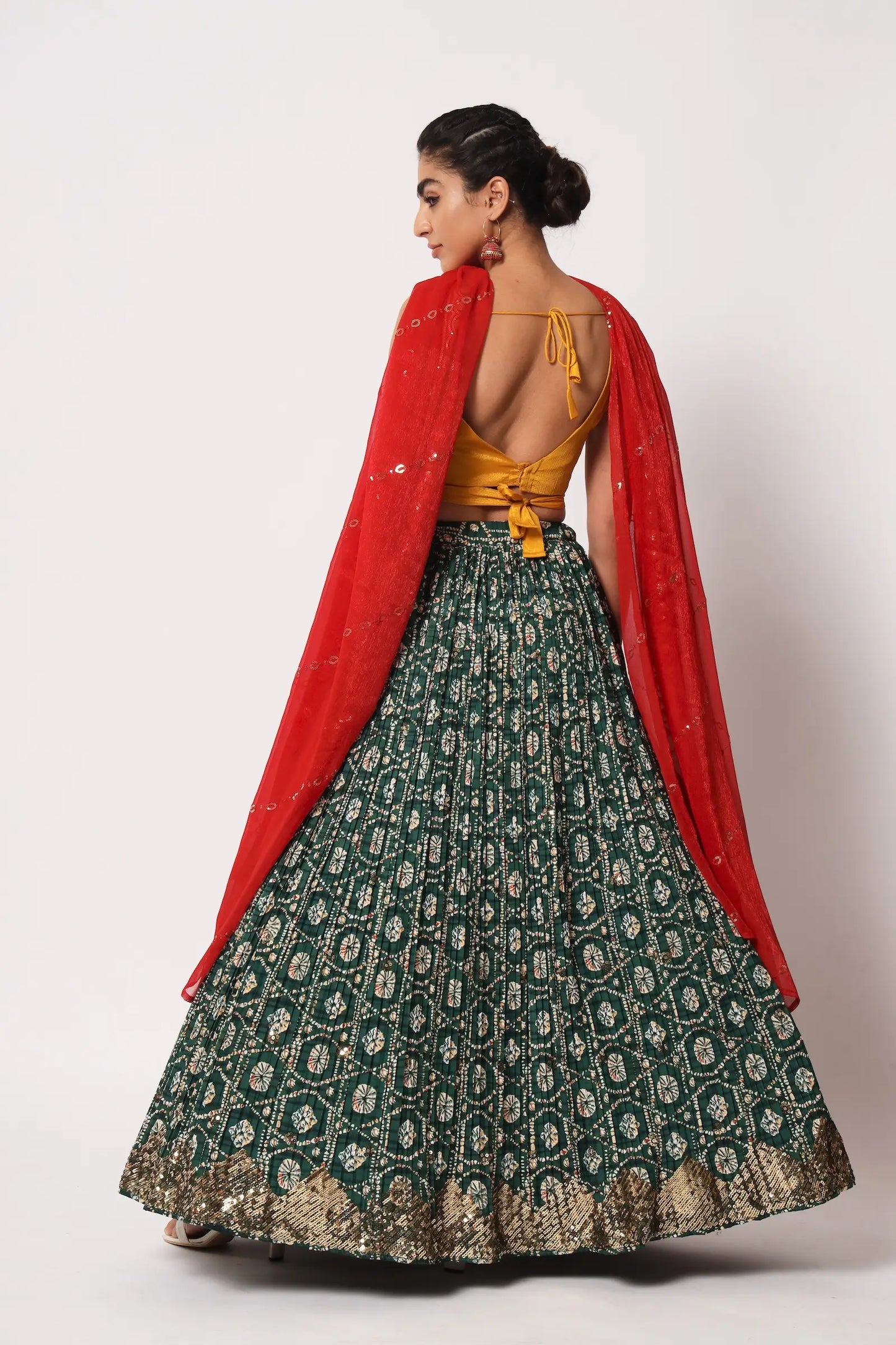 Green Art Silk Lehenga Choli With Crush, Print & Sequence Embroidery Work
