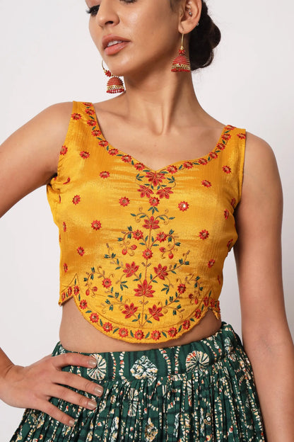 Green Art Silk Lehenga Choli With Crush, Print & Sequence Embroidery Work