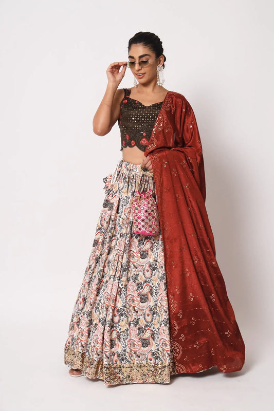 Off White Art Silk Lehenga Choli With Crush, Print & Sequence Embroidery Work
