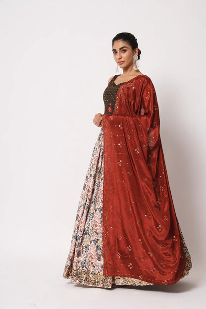 Off White Art Silk Lehenga Choli With Crush, Print & Sequence Embroidery Work