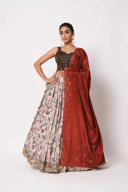 Off White Art Silk Lehenga Choli With Crush, Print & Sequence Embroidery Work