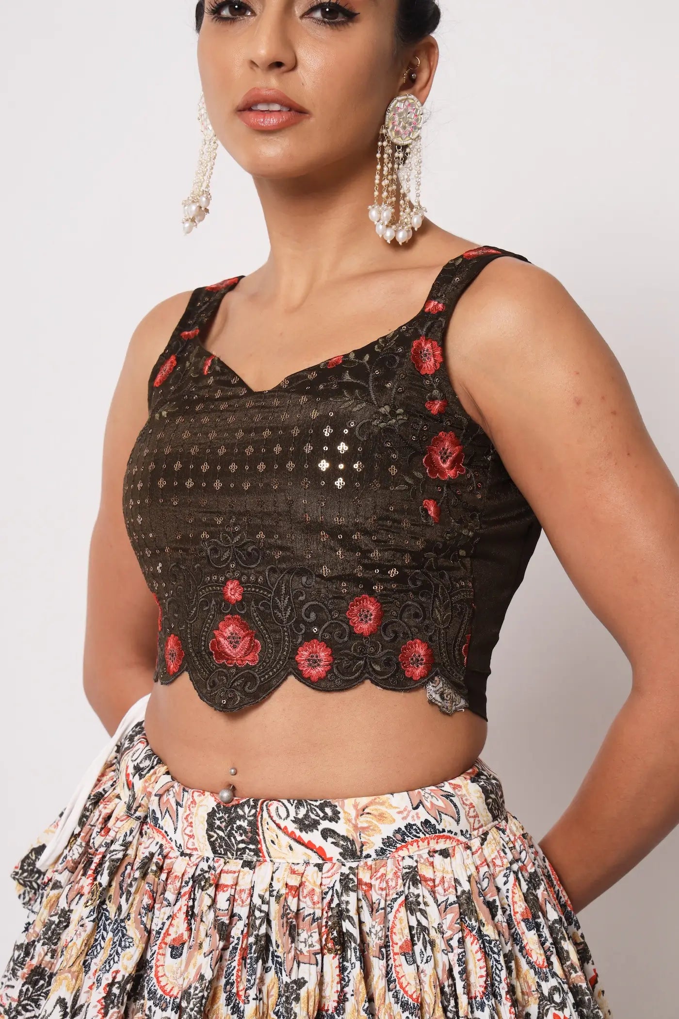 Off White Art Silk Lehenga Choli With Crush, Print & Sequence Embroidery Work