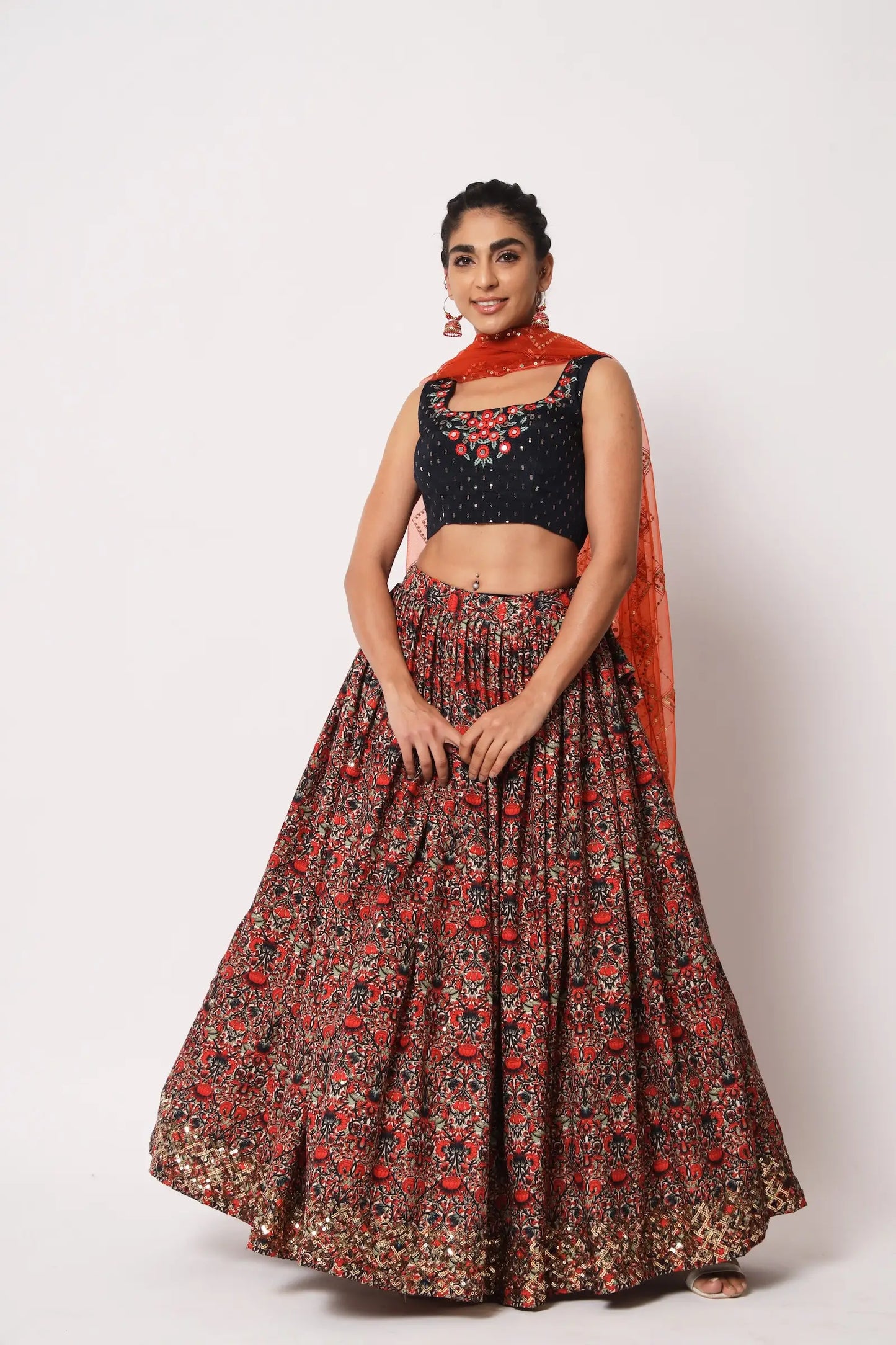 Red-Black Art Silk Lehenga Choli With Crush, Print & Sequence Embroidery Work