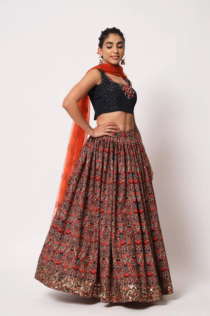 Red-Black Art Silk Lehenga Choli With Crush, Print & Sequence Embroidery Work