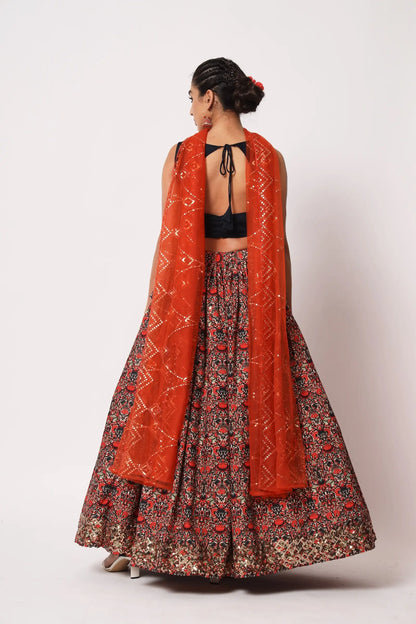 Red-Black Art Silk Lehenga Choli With Crush, Print & Sequence Embroidery Work