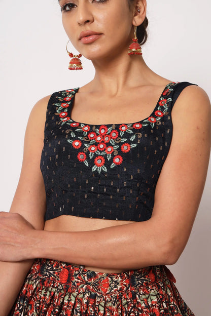 Red-Black Art Silk Lehenga Choli With Crush, Print & Sequence Embroidery Work