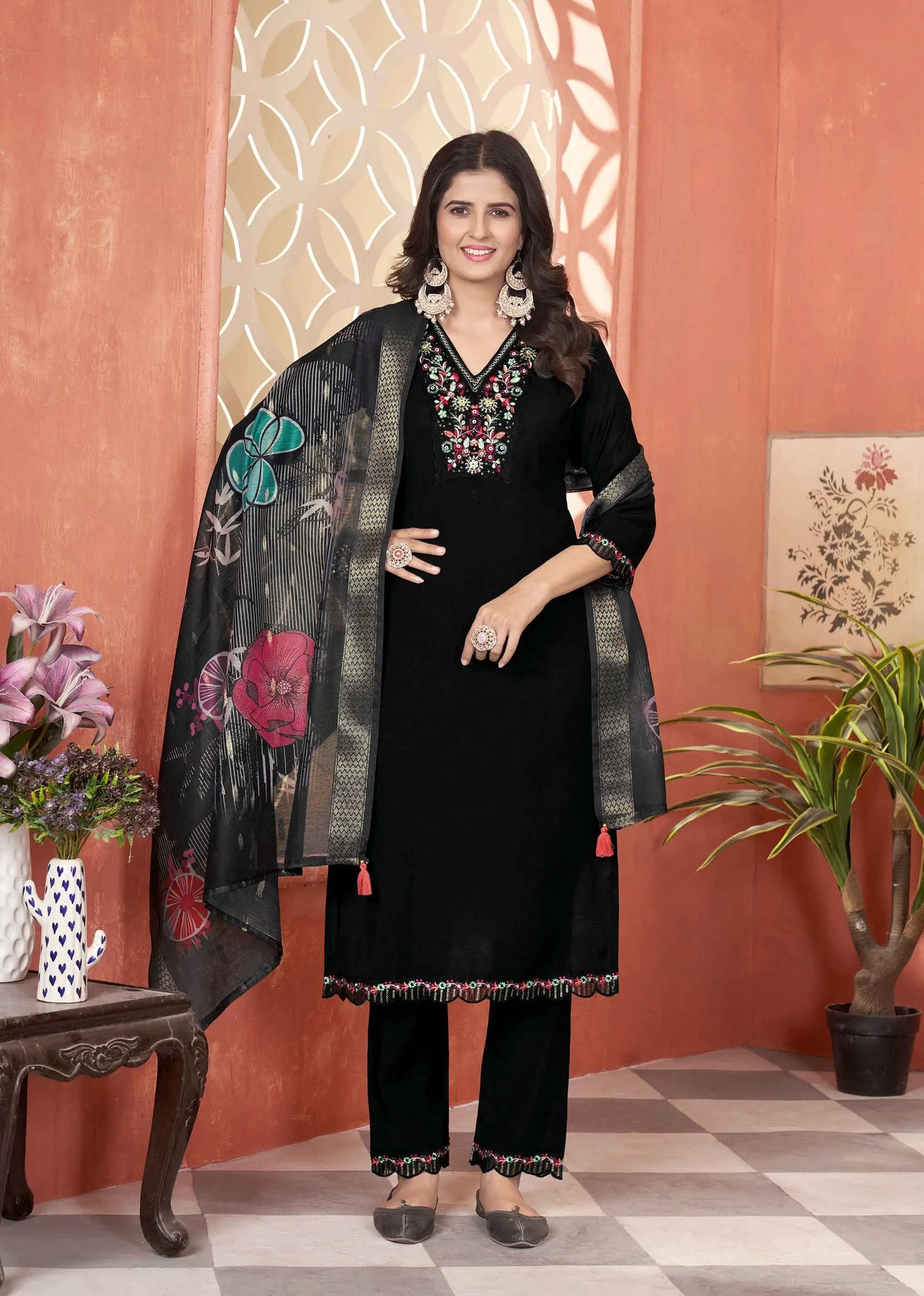 Designer Black Embroidery With Hand Work Salwar Suit With Dupatta