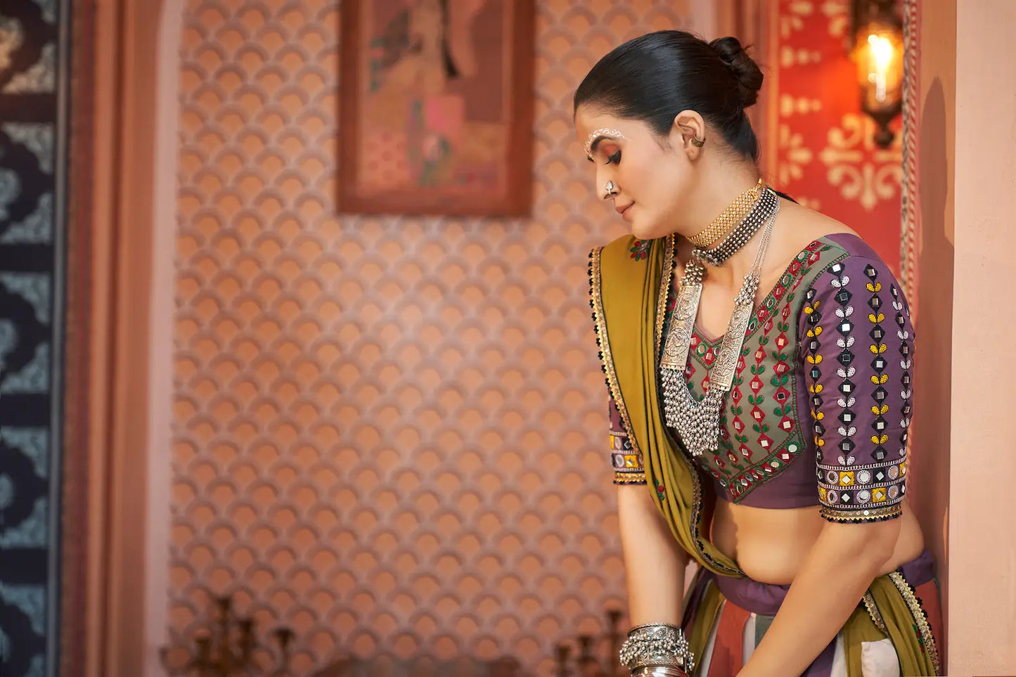 Multicolor Viscose Rayon Thread Embroidery With Mirror Work Navratri Lehenga Choli