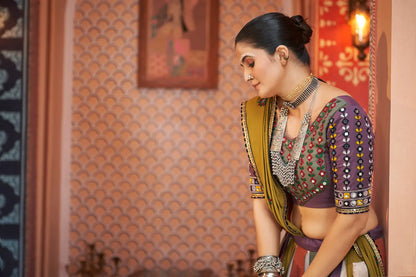 Multicolor Viscose Rayon Thread Embroidery With Mirror Work Navratri Lehenga Choli