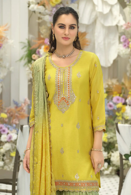 Yellow-Green Chinon Embroidered Salwar Suit