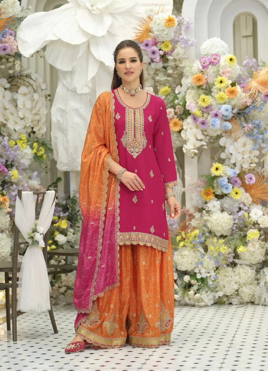 Pink-Orange Chinon Embroidered Salwar Suit