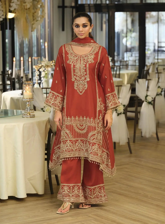 Dusty Red Chinon Embroidered Salwar Suit